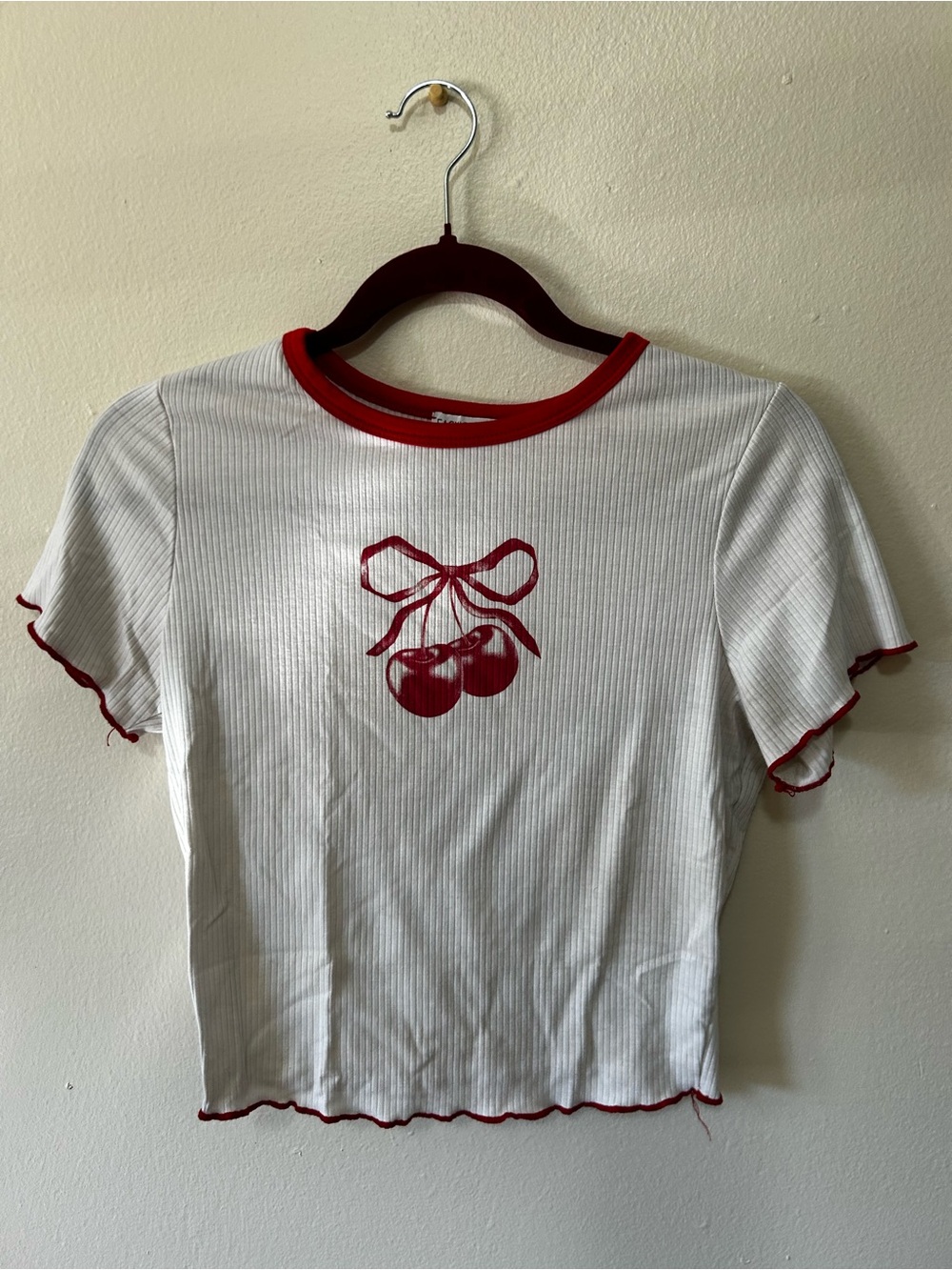Fashion Nova White Ribbed Cherry Graphic Tee with Red Trim